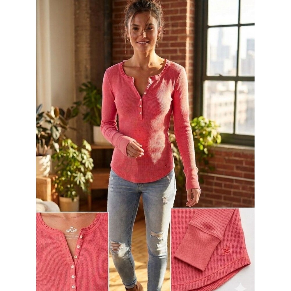 Aerie Coral Pink Ribbed Henley Long-Sleeve Top Med